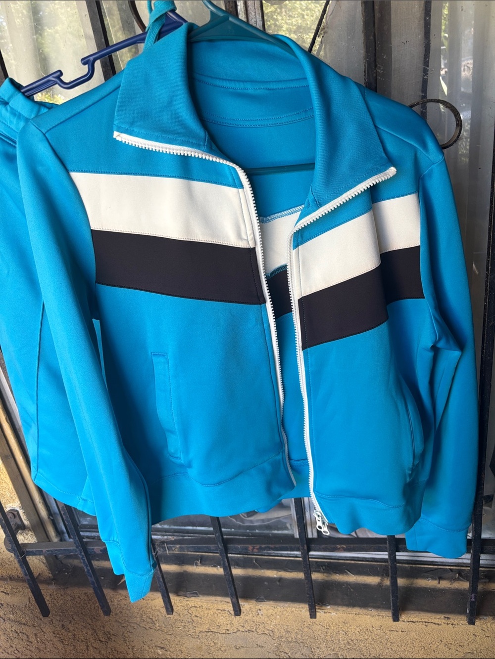 Bright Teal Zip-Up Track Jacket & shorts set with White and Black Stripes